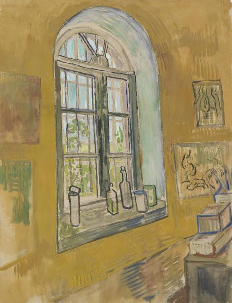 Maalauksessa on keltainen hämyisä sisätila ja kuvan keskellä kalteroitu ikkuna, josta näkyy kirkkaat sävyt ulkoilmassa.