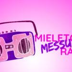 Vaaleanpunaisessa kuvassa on liila radio ja teksti Mieletön messuradio