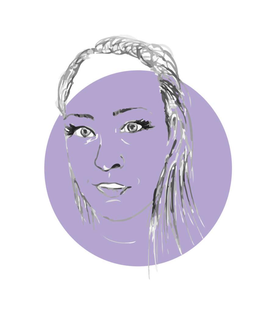 Piirroskuva henkilöstä violetilla taustalla