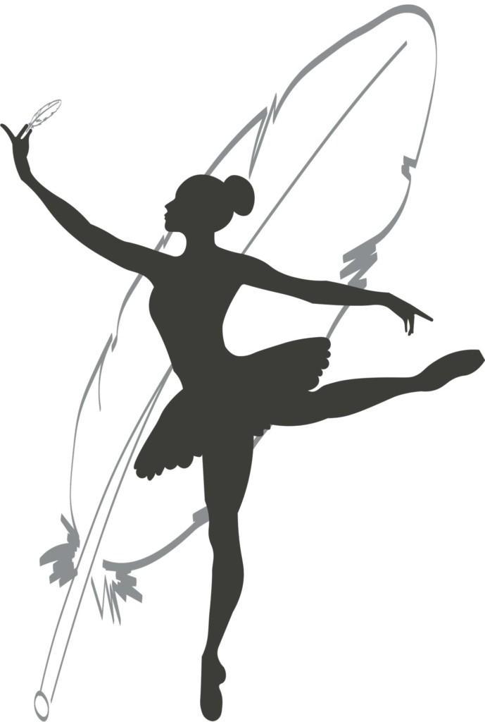 Piirroskuva ballerinasta, joka pitää kädessään sulkaa