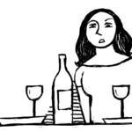 Sarjakuvapiirros naisesta juomassa viiniä