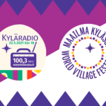 Värikkällä taustalla Kyläradio -logo ja Maailma Kylässä -logo