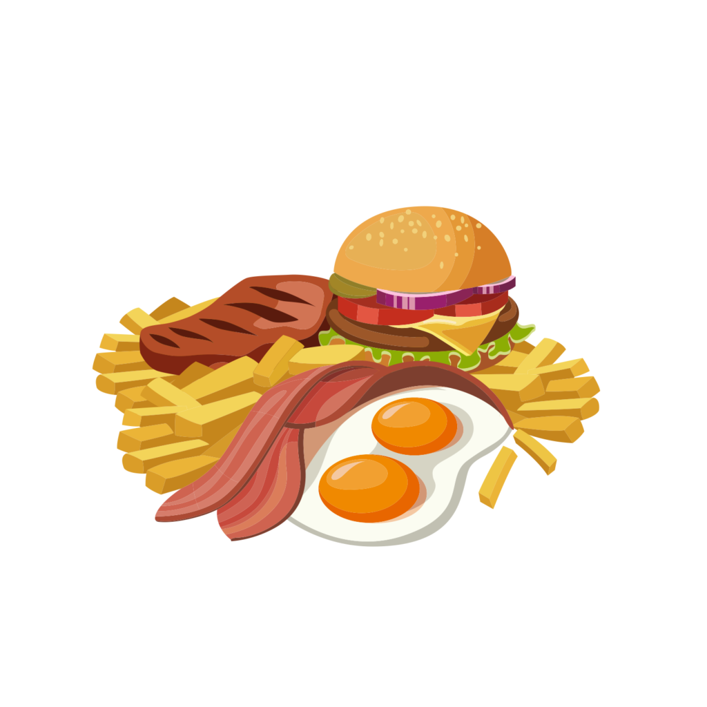 Tietokoneella tehty kuva ateriasta: hampurilainen, ranskalaiset, pekoni, paistettu kananmuna.