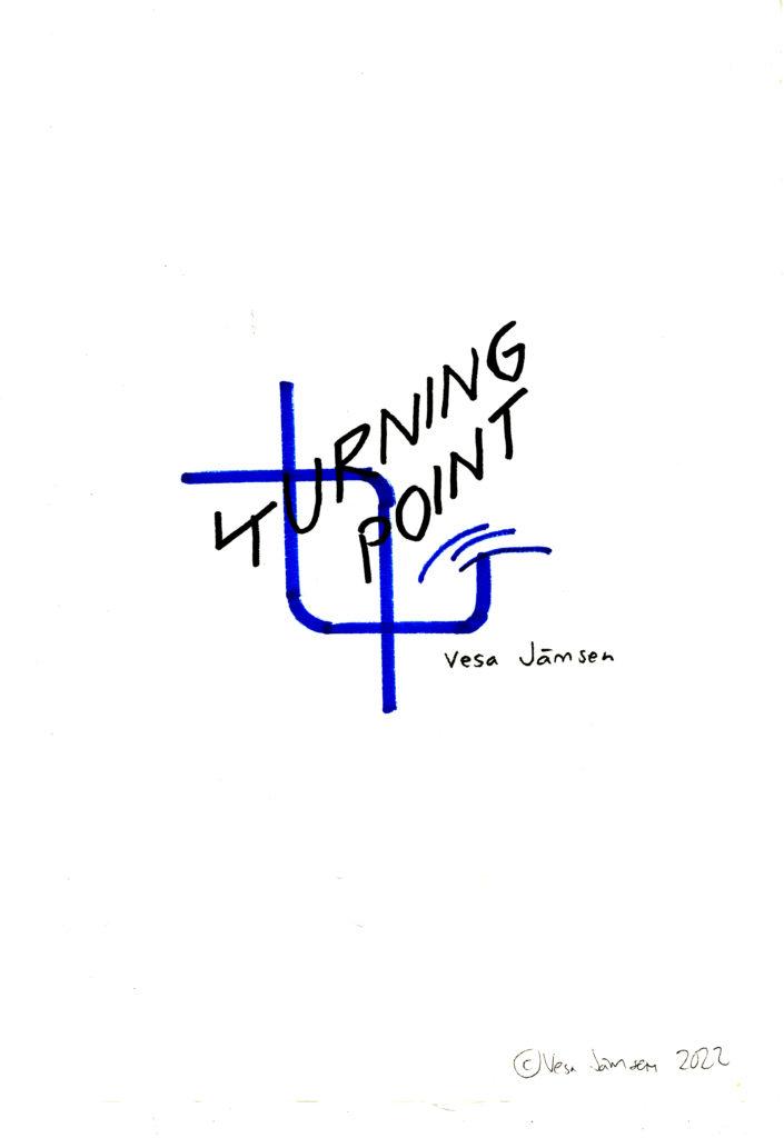 Vesa Jämsenin Turning Point -sarjakuvan kansilehti. Käsin tehty graaginen logo, sininen ja musta.