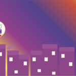 Graafinen kaupunkisiluetti, jossa taivaalla Kyläradion logo aurinkona.